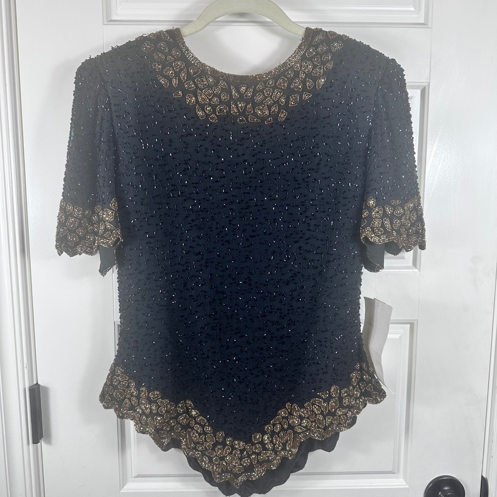 Vintage Laurence‎ Kazar NY 100% Silk Beaded Evening Top Scalloped Hem Size XL